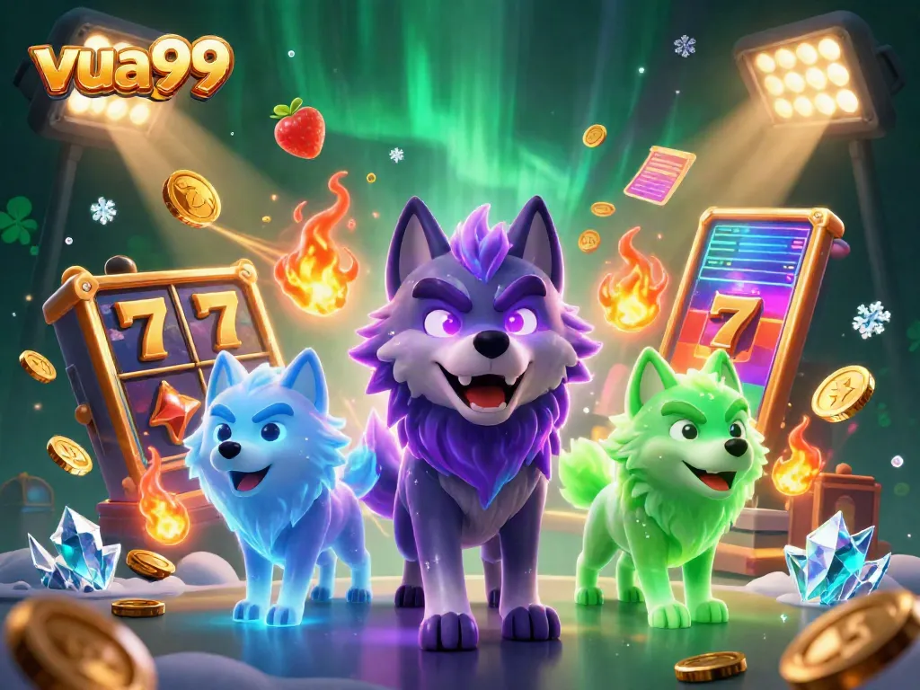 Engage in thrilling gameplay at vua99 with a vibrant 3D cartoon illustration of ghostly wolves and slot elements.
