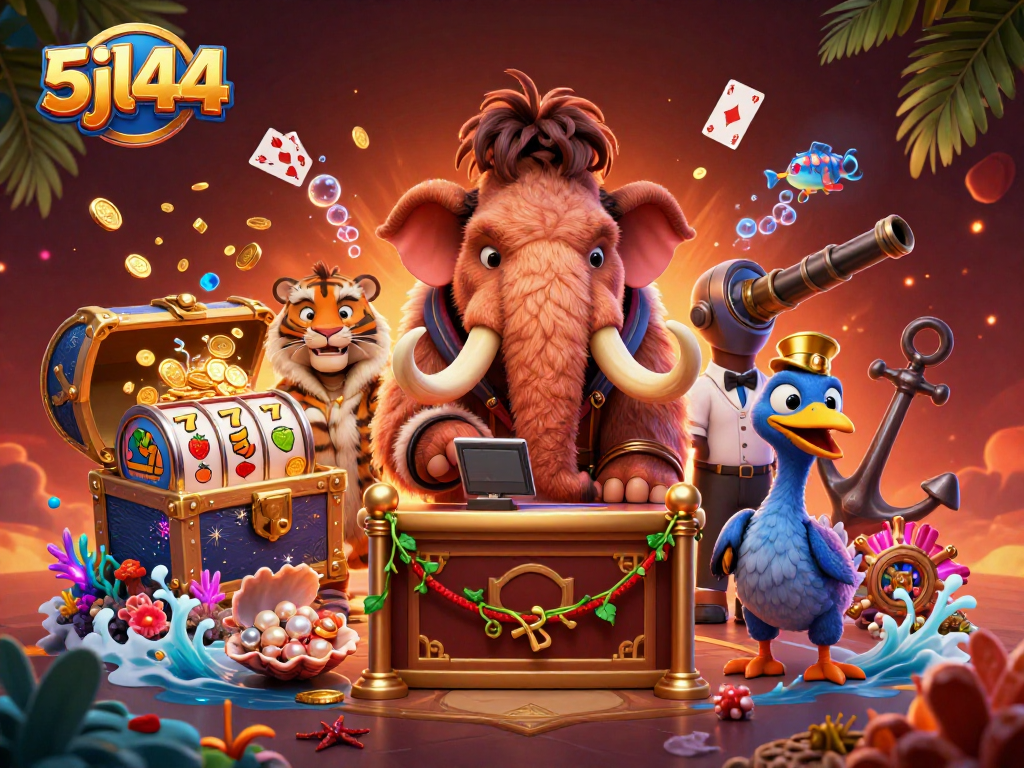 Experience the excitement of 5jl44 with a vibrant illustration showcasing unique casino elements and characters.