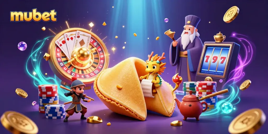 Engage in thrilling gambling with mubet, depicted with golden coins, a fortune cookie, and vibrant casino elements.