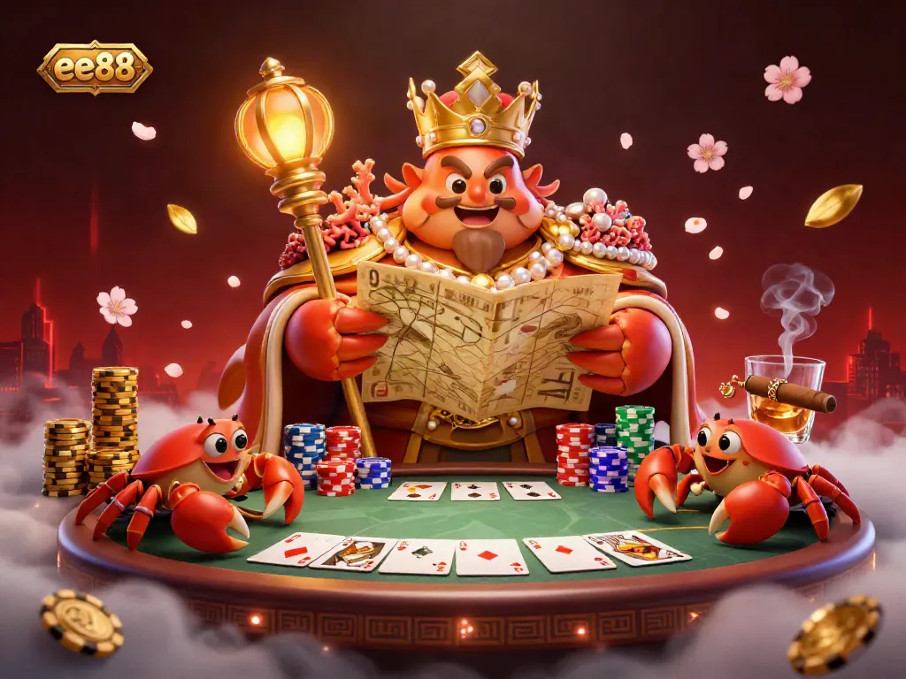 Engage in exciting poker games with the vibrant ee88 scene featuring a golden crab emperor and colorful chips.