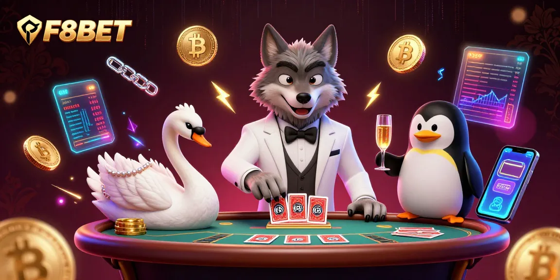 Experience thrilling gameplay at F8BET with a wolf, swan, and penguin amidst vibrant casino elements.
