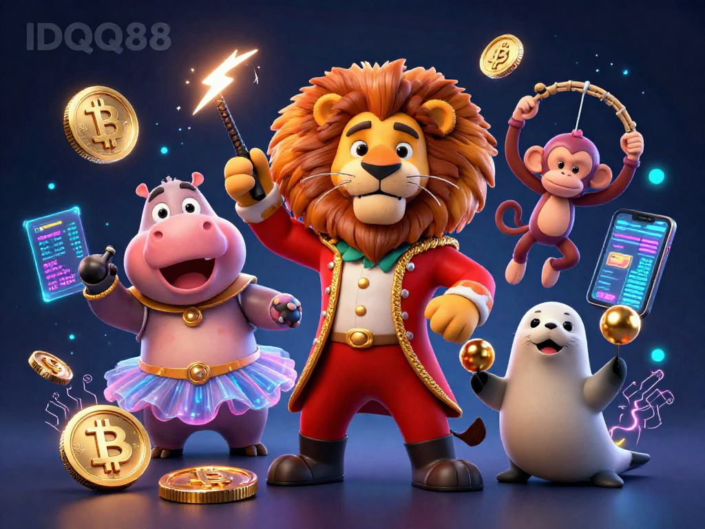 Engage in IDQQ88's thrilling crypto casino experience with vibrant characters and glowing coins.