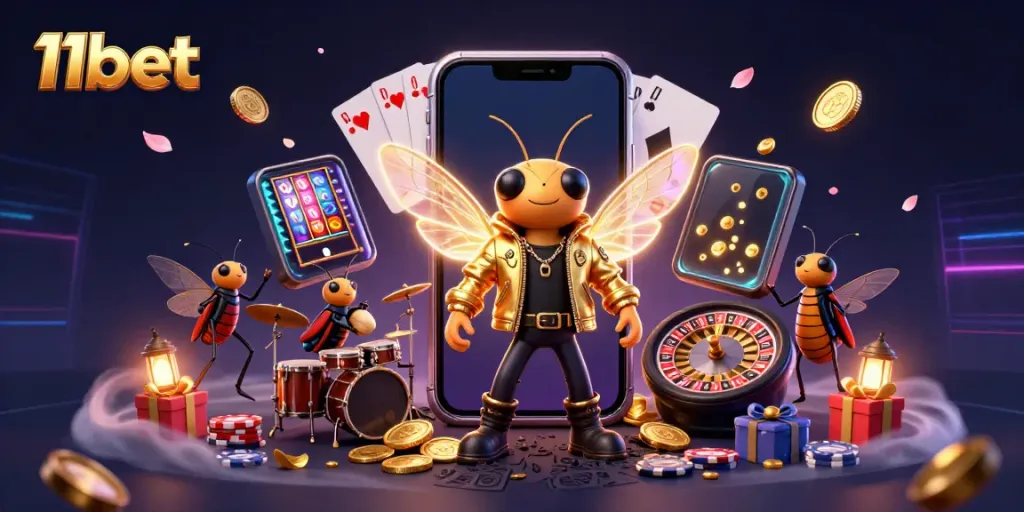 Experience 11bet's vibrant casino action with animated characters celebrating big wins in a colorful digital setting.