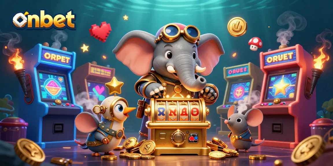 Experience the excitement at Onbet with a steampunk elephant operating a dazzling slot machine amidst vibrant gaming elements.