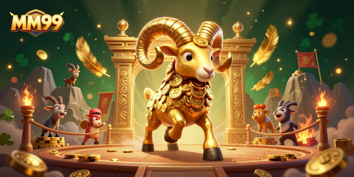 Join the excitement at MM99's vibrant gaming universe featuring a charging golden ram amidst coin bursts.