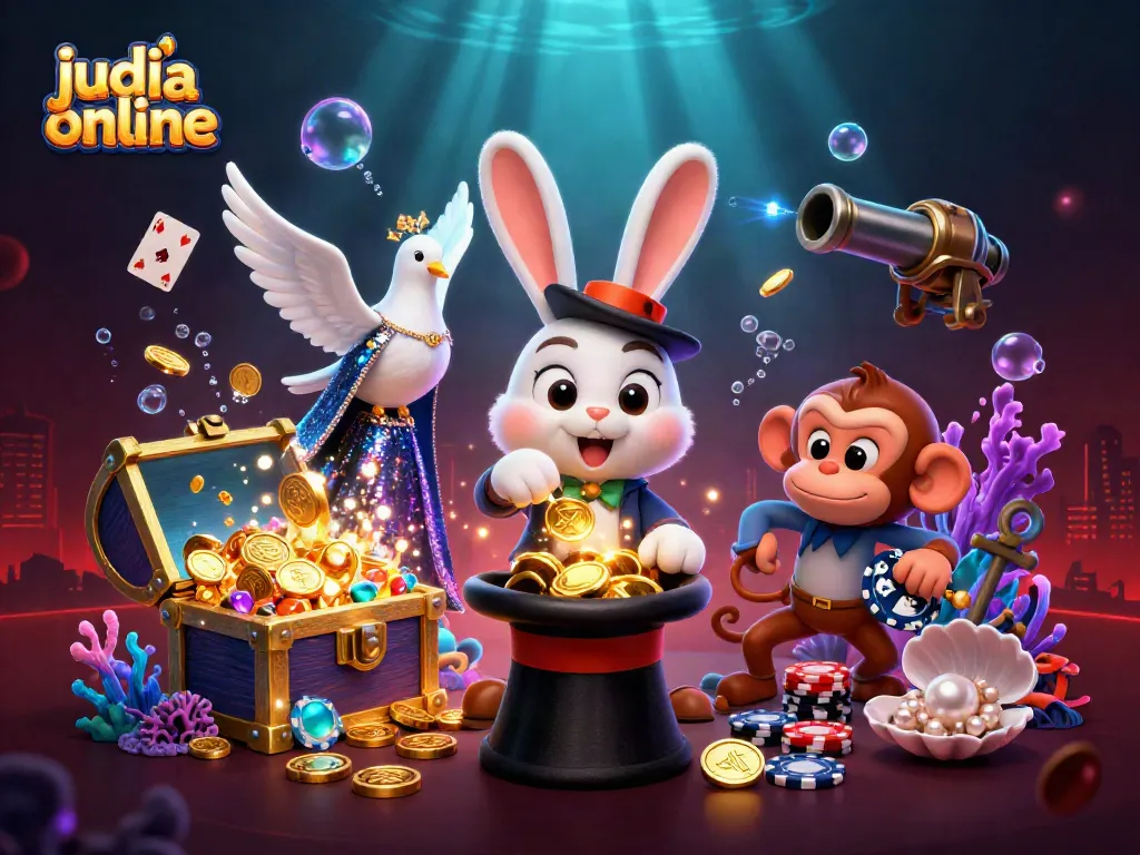 Engage with judi bola online as the magician rabbit conjures golden coins amidst action-packed casino elements.