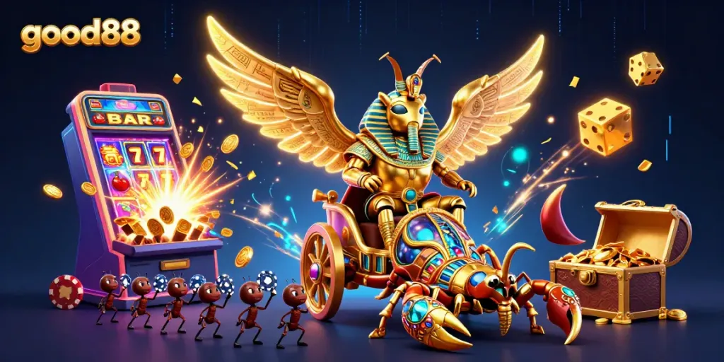 Experience the excitement of winning at good88 with an enchanting 3D casino scene filled with jackpots and vibrant game elements.