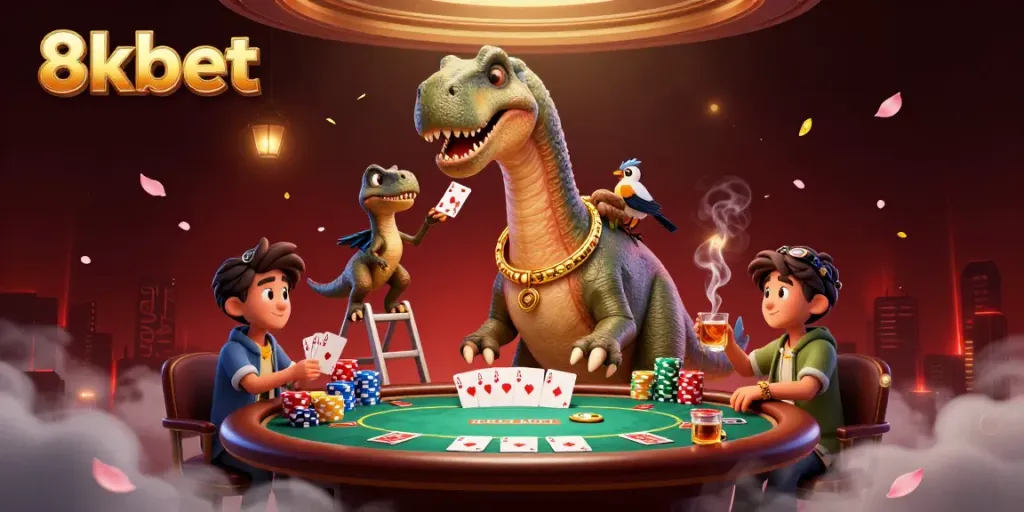 Engage in thrilling poker action with a playful brontosaurus and clever raptor at 8xbet casino.
