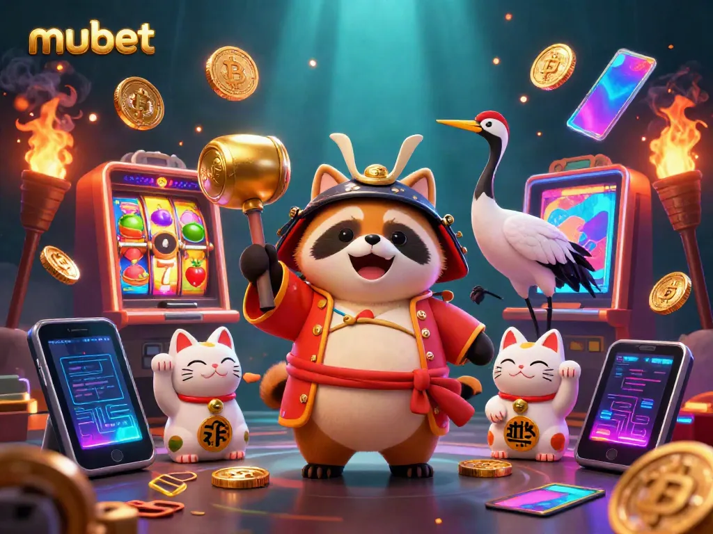 Explore exciting jackpots and rewards with mubet's animated festival scene featuring cheerful characters and casino elements.