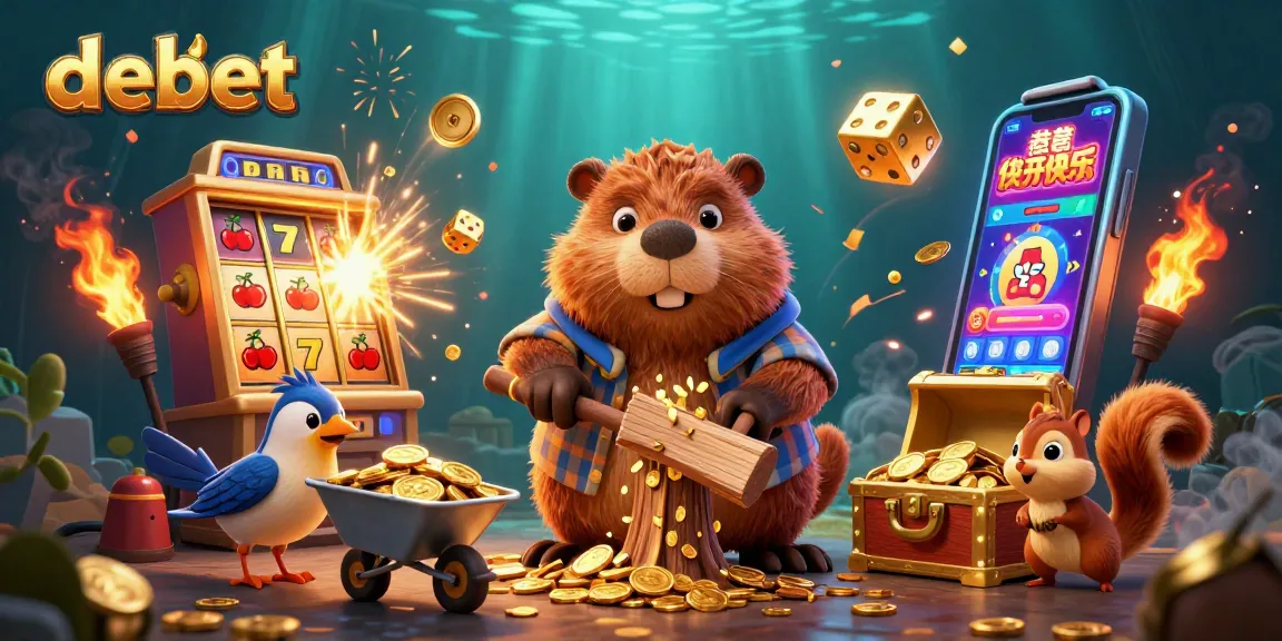 Experience debet's vibrant casino scene featuring a beaver and a slot machine bursting with gold.