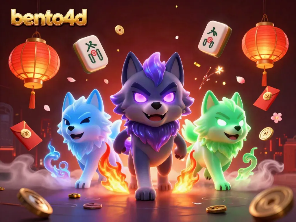 Bento4D showcases ghostly wolves amid mahjong tiles and cherry blossoms for an immersive gaming experience.
