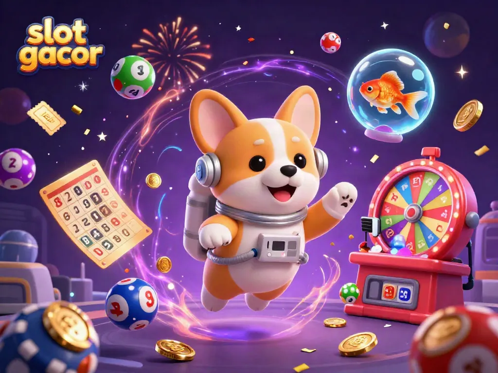 Play exciting slot gacor with a cartoon astronaut corgi in a vibrant space casino, showcasing colorful elements and fun.