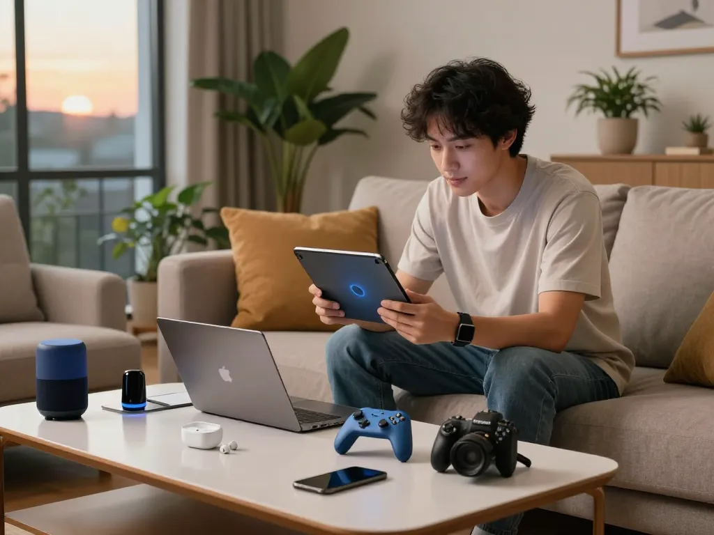 Engagement with smart tech gadgets in a cozy living room environment, showcasing modern lifestyle integration.