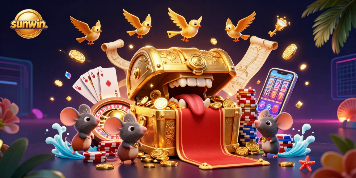 Experience exciting wins with sunwin. in this vibrant casino-themed illustration filled with treasures and games.