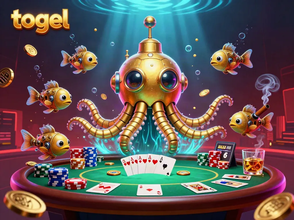 Experience the thrill of togel with a vibrant scene featuring a golden kraken submarine and colorful poker elements.