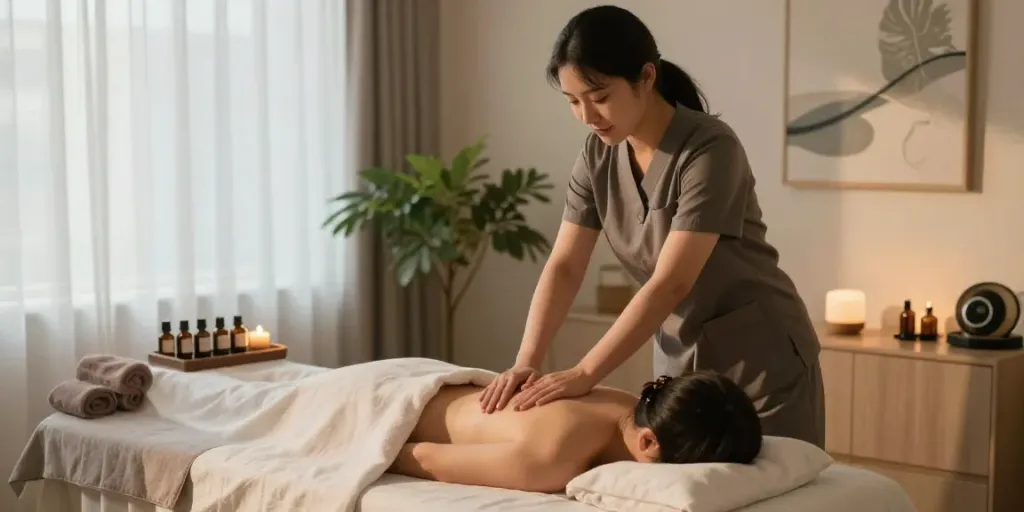 송파출장안마 with peaceful therapist providing massage therapy in serene indoor setting.