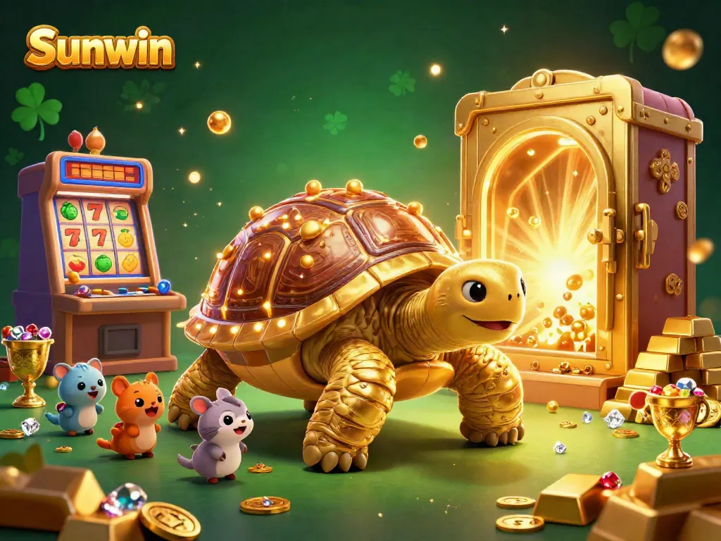 Experience thrilling casino fun with Sunwin in this interactive golden tortoise illustration.