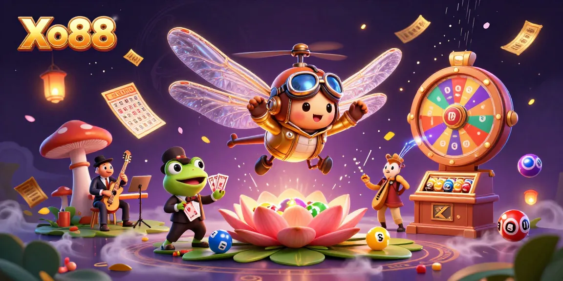 Xo88 casino illustration featuring a dragonfly pilot, frog croupier, and cricket musicians