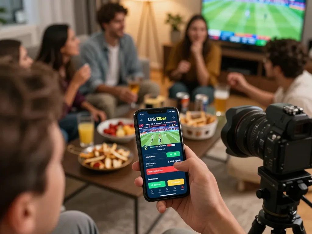 Cá cược di động trên ứng dụng Link 12bet trong một trận thể thao trực tiếp, thể hiện sự phấn khích và tương tác