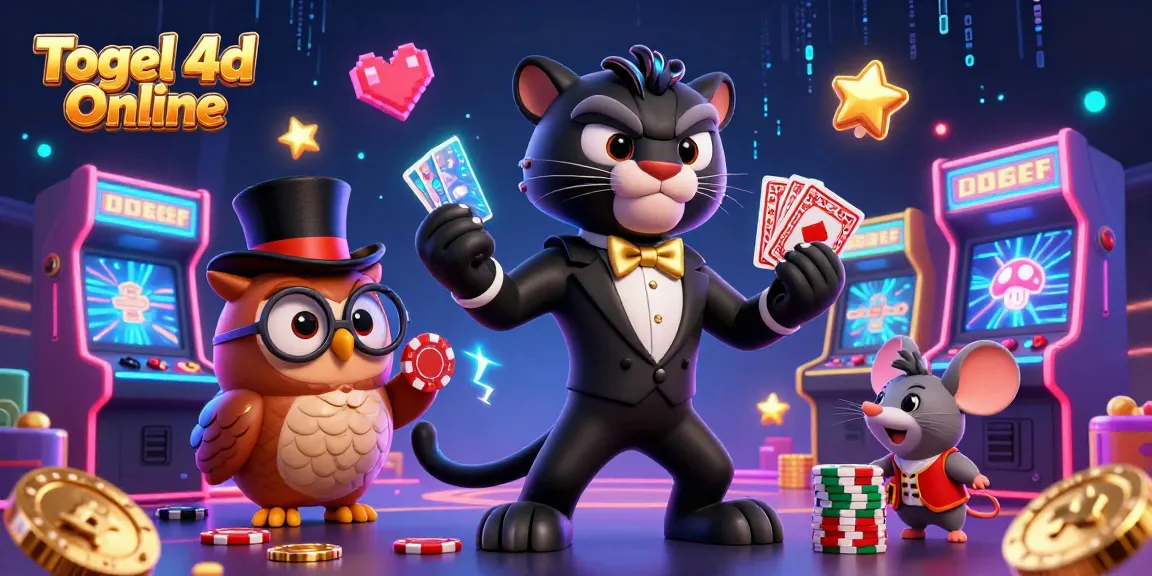 Engage in Togel 4d Online with a stylish black panther dealer, an owl, and a mouse amidst colorful game elements.