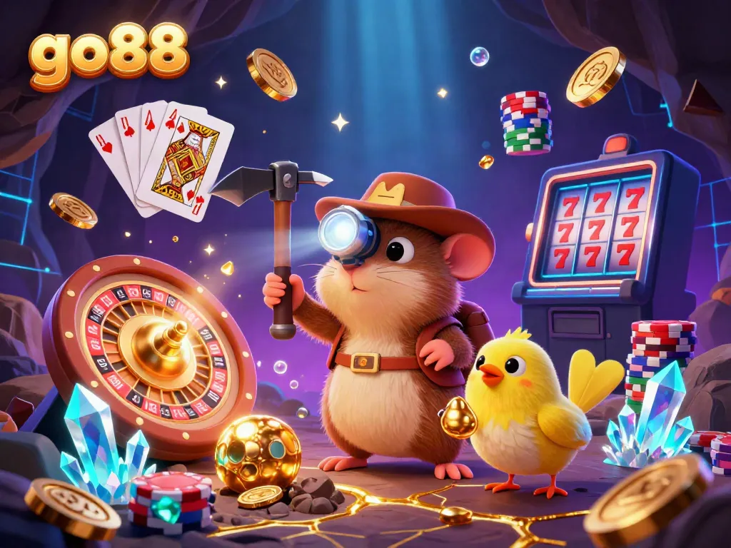 Experience thrilling gaming with go88 in an ultra-detailed cave scene filled with treasure and casino elements.