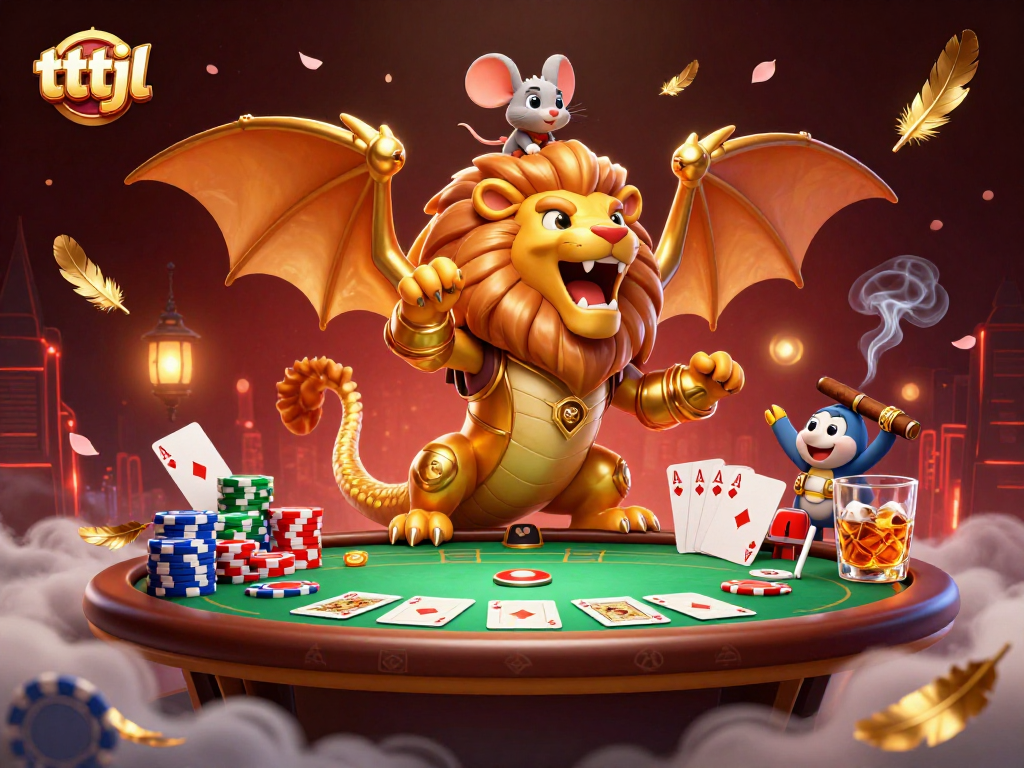 Experience tttjl's dynamic poker scene with a roaring chimera and mouse jockey amid colorful chips.