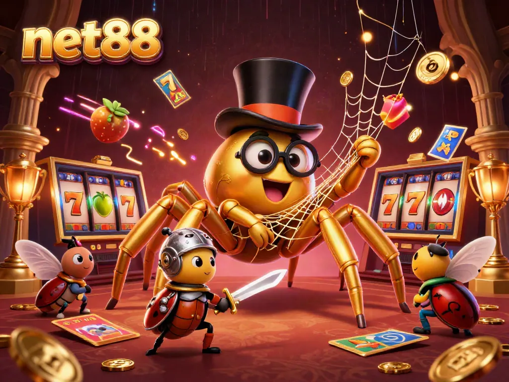 Experience thrilling gameplay at net88 with the golden tarantula and beetle knight in this casino scene.