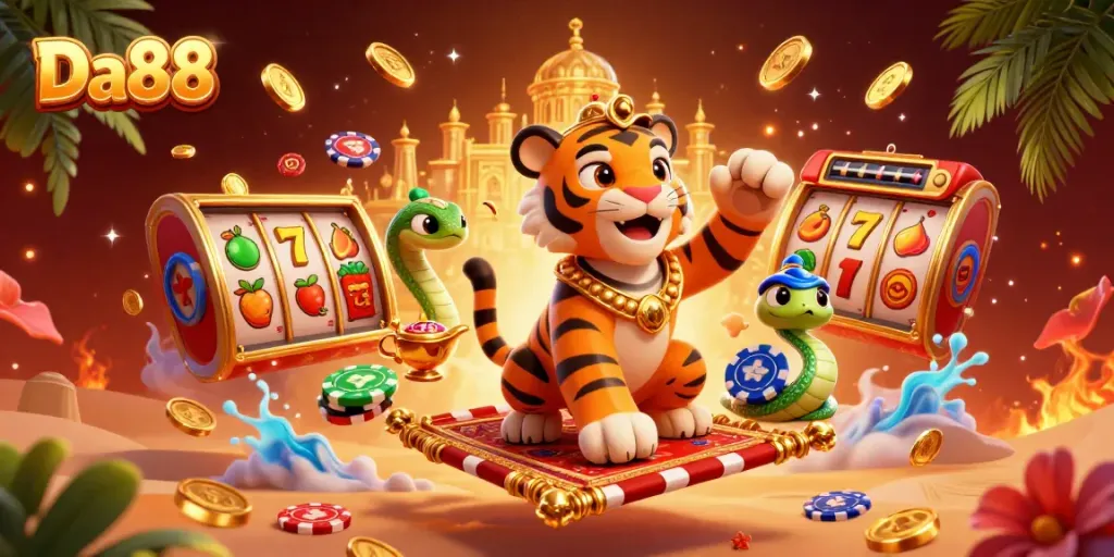 Experience the thrilling casino environment of Da88 with a vibrant design featuring an Arabian-themed character, gaming elements, and rich visuals.