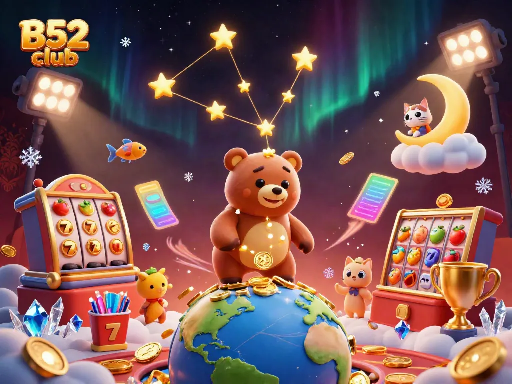 The B52 club comes alive with a vibrant 3D scene featuring a starry bear, casino games, and gold coins.
