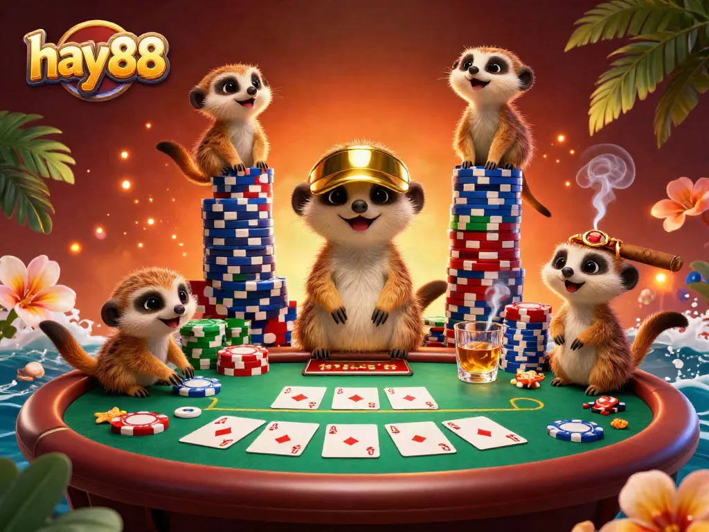 Experience gaming excitement at hay88 with meerkats managing a vibrant casino scene filled with poker action.