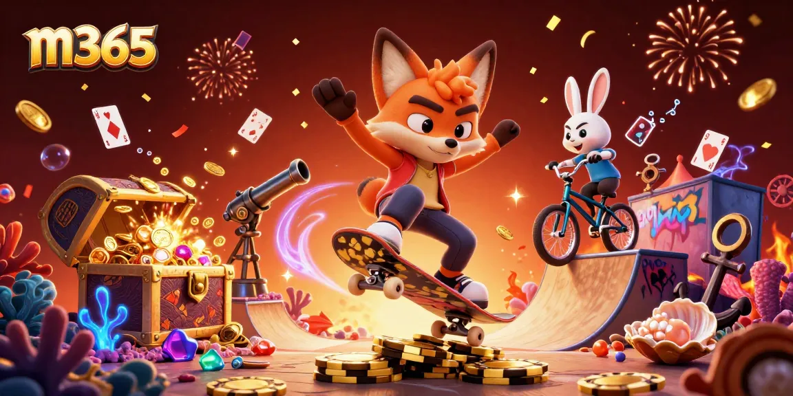 Join the excitement of m365 as the fox skateboarder flips over poker chips amid vibrant casino elements