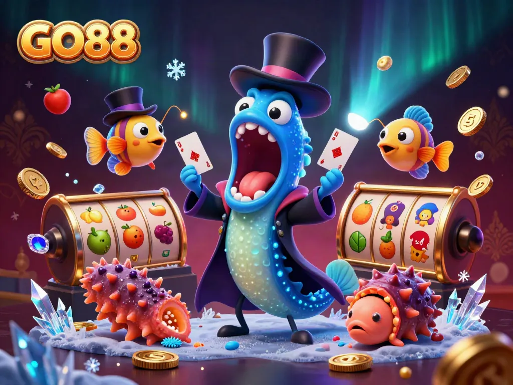 Experience GO88's enchanting casino world with a deep-sea magician and vibrant slot game elements.