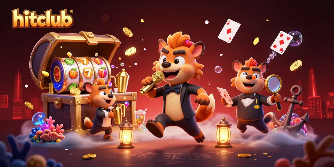 hitclub comedy casino scene featuring hyenas, floating slot reels, and vibrant treasure elements