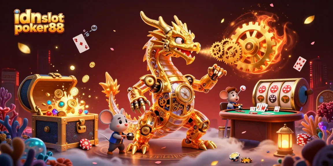 Engage with exciting idn slot poker88 gameplay as the golden dragon breathes gold among vibrant casino elements.