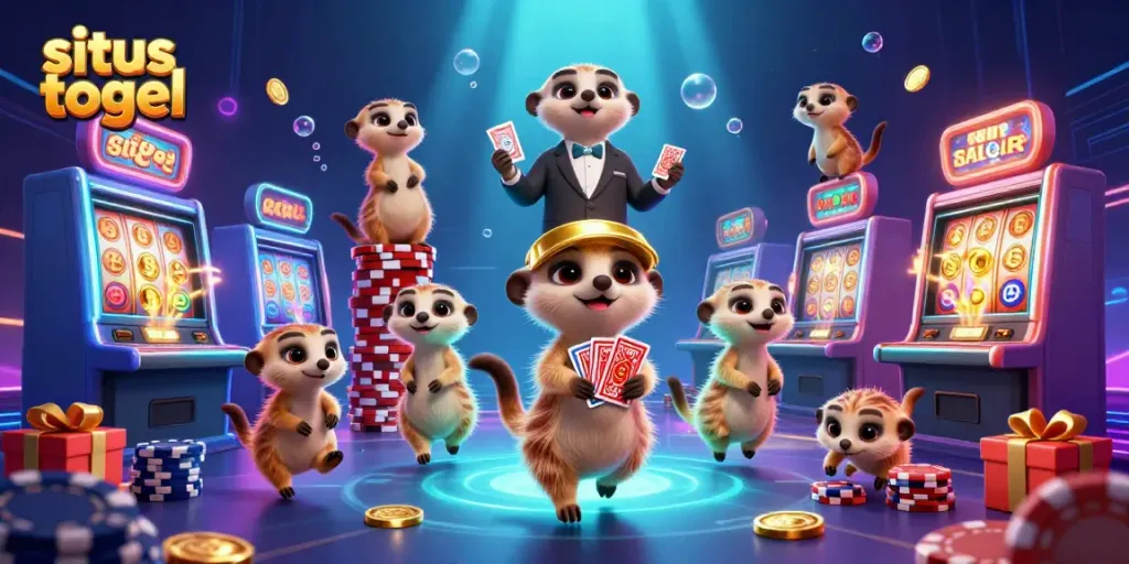 Experience excitement at situs togel with animated meerkats managing a bustling casino.
