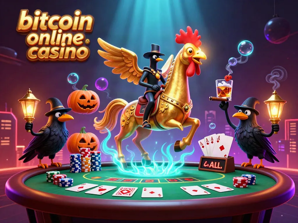 Experience the thrill of a bitcoin online casino with a golden rooster riding through a vibrant casino scene.