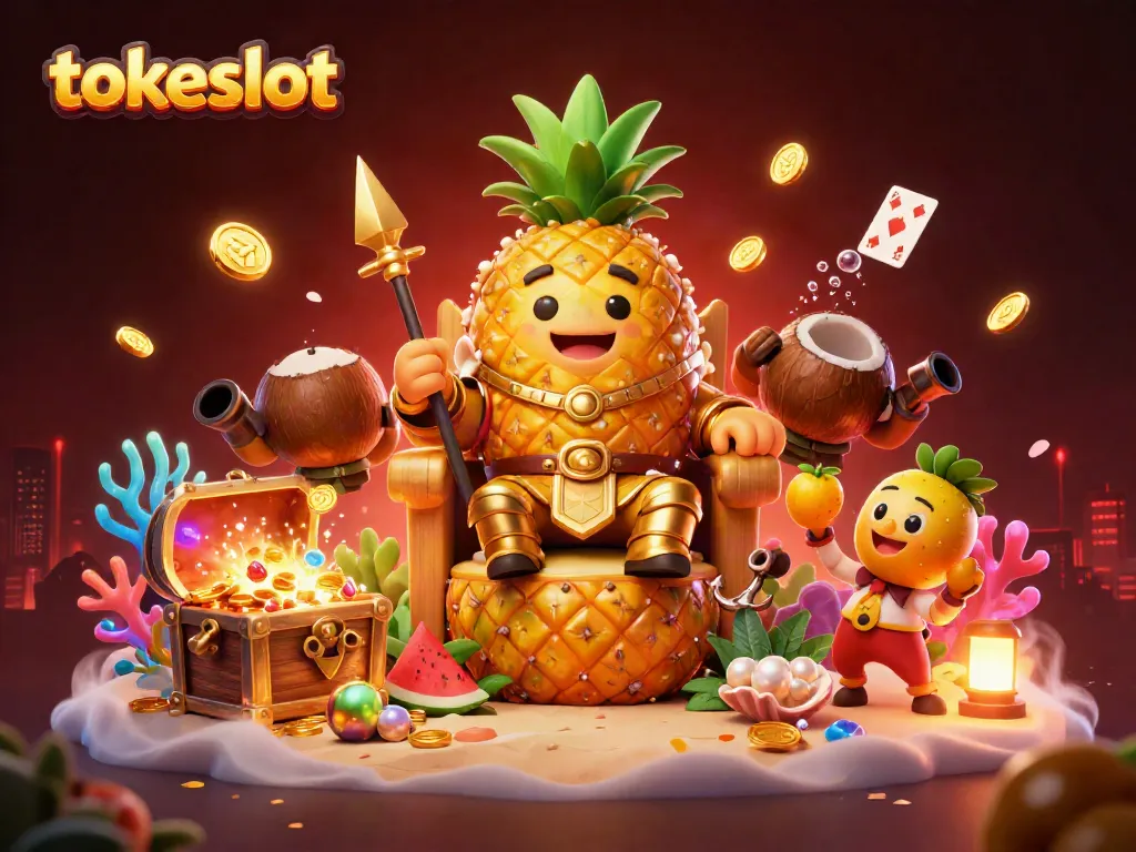 Gambarkan pengalaman bermain online di Tokeslot dengan karakter kartun 3D yang unik dan elemen kasino yang menarik.