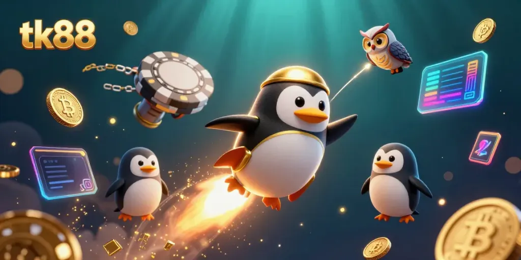 Experience excitement with the tk88 golden penguin navigating a casino space adventure.