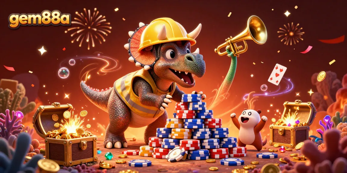 Experience the excitement at gem88a with vibrant gambling-themed characters celebrating wins amidst treasures.