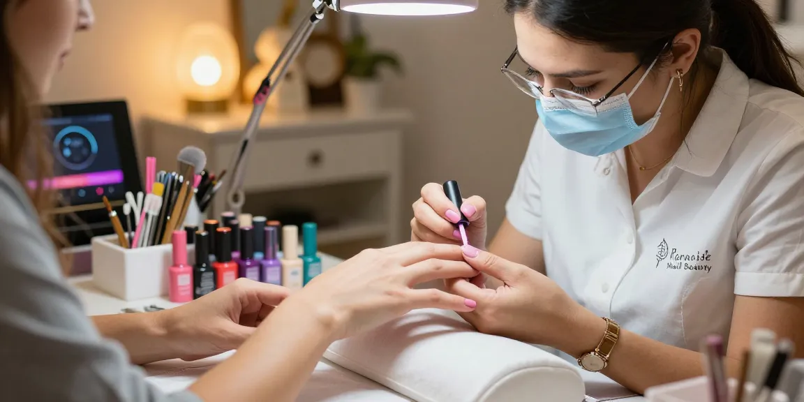 Paradise Nail Beauty showcasing a nail technician providing gel polish service in a hygienic salon environment.