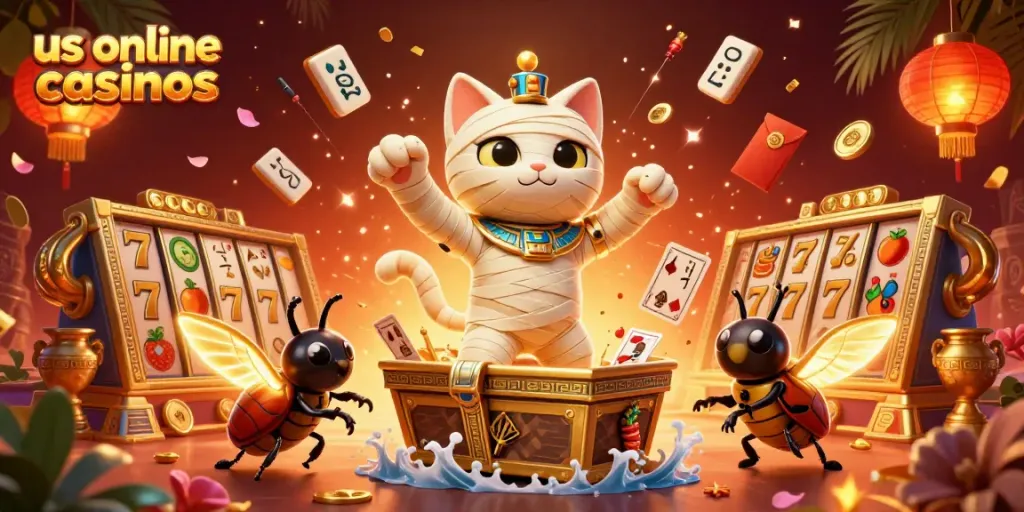 Experience fun at us online casinos with vibrant Egyptian-themed casino elements and characters.