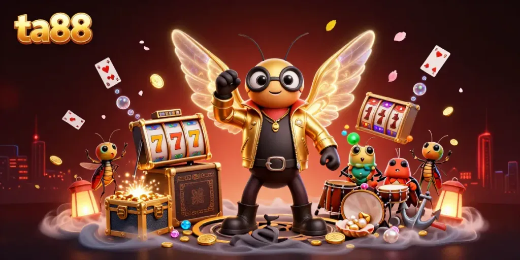 Experience thrilling slots action with ta88’s energetic characters in a vibrant casino-themed illustration.