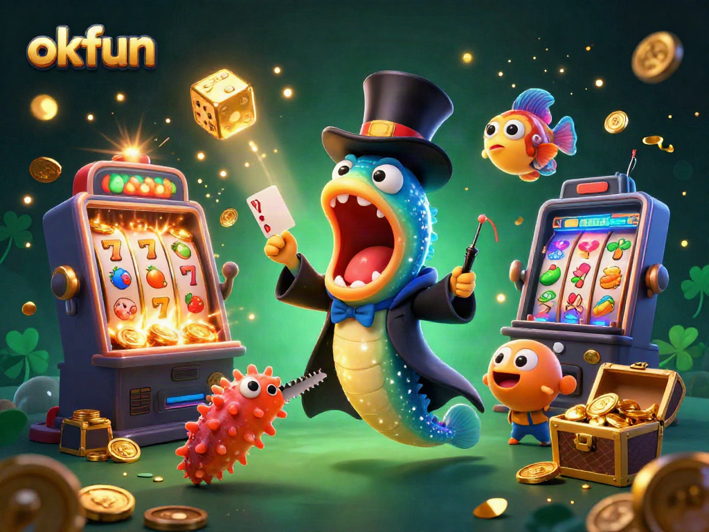 okfun showcases a vibrant 3D casino scene with a magical underwater twist, featuring characters interacting with exciting gambling elements.