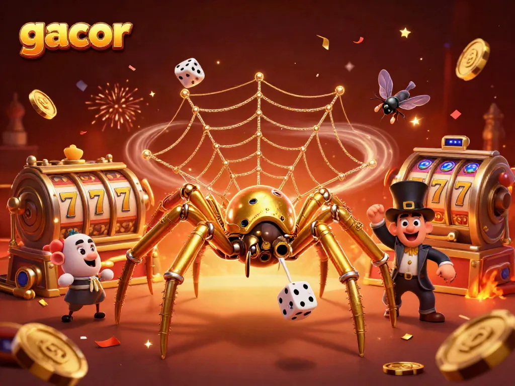Experience gacor thrills with a dynamic 3D casino scene filled with spinning slot reels and festive elements.
