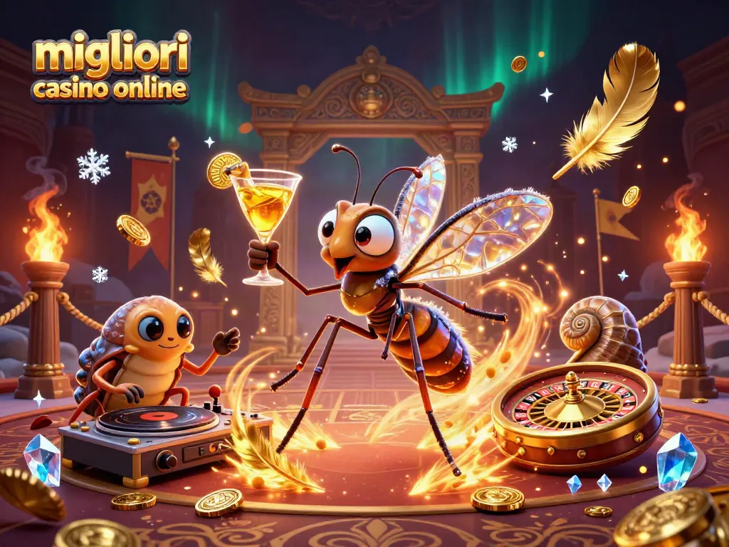 I migliori casino online presentano un'illustrazione 3D di un misterioso mascotte, un DJ fossile e un tavolo della roulette in oro.
