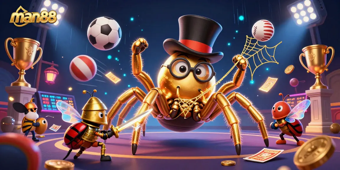 Experience the thrill of betting with man88 as the golden tarantula spins a winning web in a vibrant casino scene.
