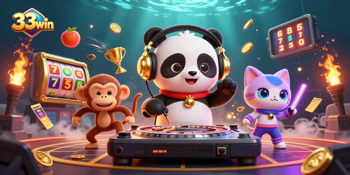 Engage with 33win's exciting gaming scene featuring a DJ panda, breakdancing monkey, and vibrant casino elements.