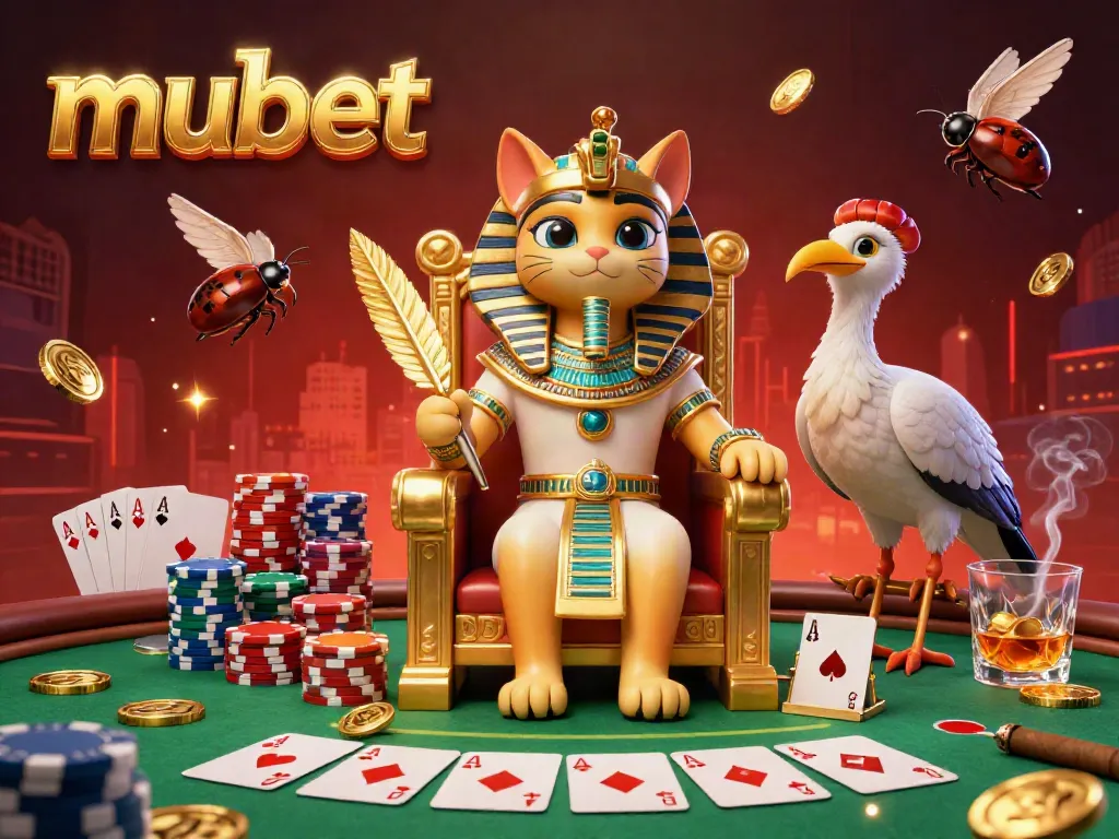Engage with mubet's vibrant 3D casino scene, showcasing a pharaoh cat, poker elements, and glamorous visuals.