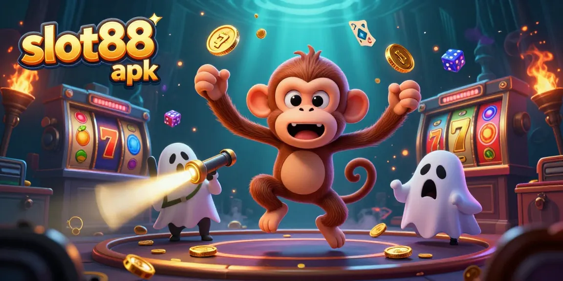 Experience thrilling gameplay with the slot88 apk as golden coins and fruits fill the haunted casino scene.