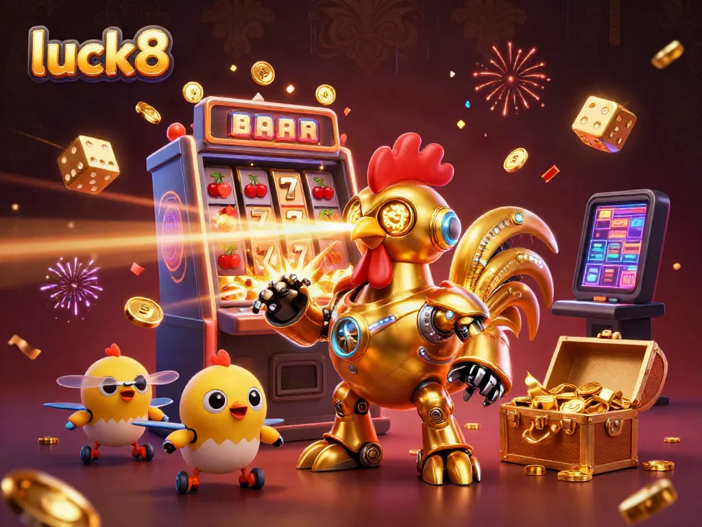 Engage in thrilling gaming action featuring luck8, a winning golden rooster robot and baby chick drones amidst a vibrant casino atmosphere.